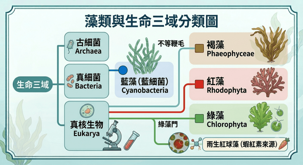 「藻類生物分類樹：藍藻屬於原核生物（藍細菌），褐藻、紅藻、綠藻屬於真核生物的不同門類」